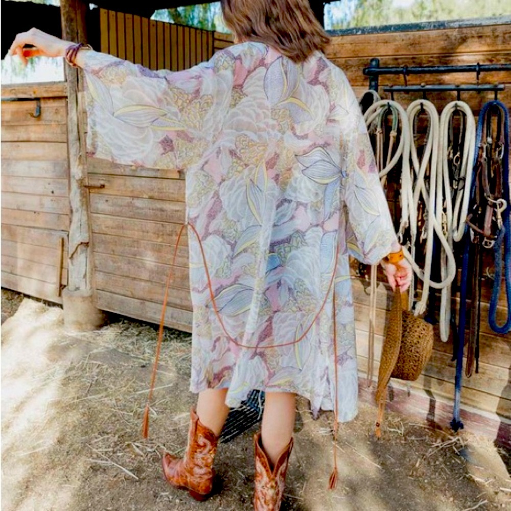 89. COST 🛑LaST 1!Floral bohemian boho belt silky sheer flower duster Kimono - Picture 2 of 3